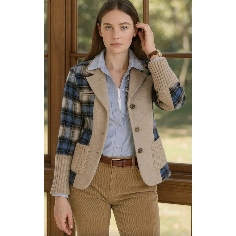 Sundance Sweater Blazer Womens 4 Mixed Media Blue Plaid Cable Knit Pockets
